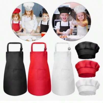 1 Set Kids Chef Hat And Apron Set - Made Of Polyester, Suitable For Skin Care, With Pockets For Cooking, Baking, Painting, Training - Fits Ages 4-12 - Red, White, Black