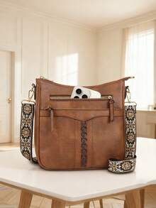 Fashionable Retro Women's Large Capacity Leather Woven Shoulder Bag With Strap, Suitable For Commuting - Brown - View 1