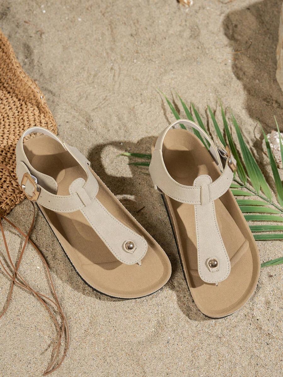女士春夏新款米色复古仿麂皮搭扣人字拖凉鞋，奢华时尚派对百搭，舒适休闲户外海滩度假复古波西米亚风，网红推荐，木纹平底凉鞋 - 米色 - 查看 1