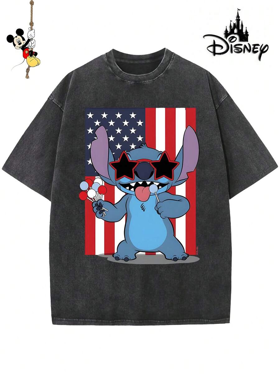 Disney-Licensed Men's Cotton T-Shirt For The 2026 Family Holiday. Featuring A Stitch Motif, Washed Crew Neck, Soft And Comfortable Feel, Easy Care And Suitable For Various Occasions Such As Holidays, Everyday Life And Commuting – Full Of Festive Spirit. - 黑色 - 查看 1