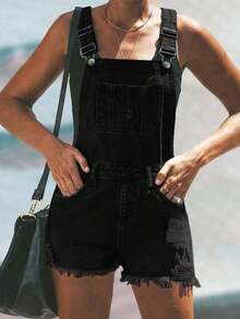 Women's Medium Blue Distressed Denim Bib Shorts With Frayed Hem - Casual Ripped Bib Shorts Black Summer - Black - View 3
