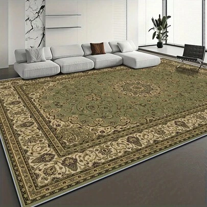 1 件复古奢华风格地毯，橄榄绿底色，米色和金色中心图案。天鹅绒面料，重约 850 克，厚约 0.6 厘米。经久耐用，防滑，易于清洁。多种尺寸可选。适用于厨房/客厅/餐厅/卧室/阳台/浴室/书房。完美的家居装饰之选。
