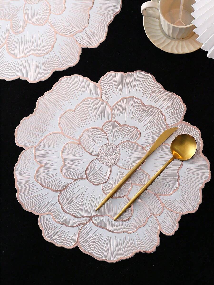 1-120pcs Rose Gold Irregular Peony Flower PVC Injection Molded, Hot Stamping Gold/Silver Waterproof Heat-Resistant Washable, Easy To Clean, Non-Slip Placemats For Home, Holiday, Picnic, Wedding, Party