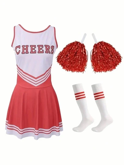 Conjunto de 3 piezas de atuendo de animadora (vestido, pompones, calcetines), vestido ajustado de animadora de fútbol, disfraz de club nocturno lindo y de moda para mujeres