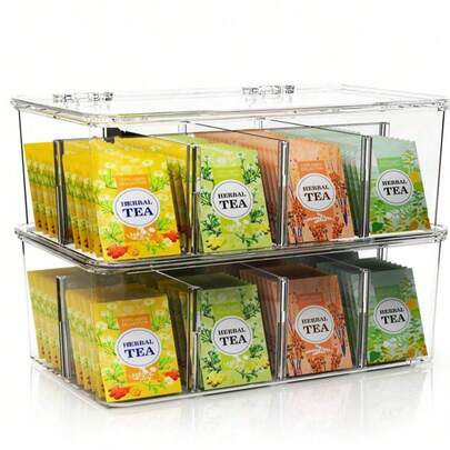 1pc 8-Slot Tea Bag Storage Box With Lid, Desktop Organizer, Detachable & Stackable, Suitable For Coffee And Sugar Packets