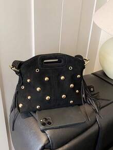 2025新款独特设计流苏手提包，个性时尚百搭休闲通勤单肩斜挎包 - 黑色 - 查看 3