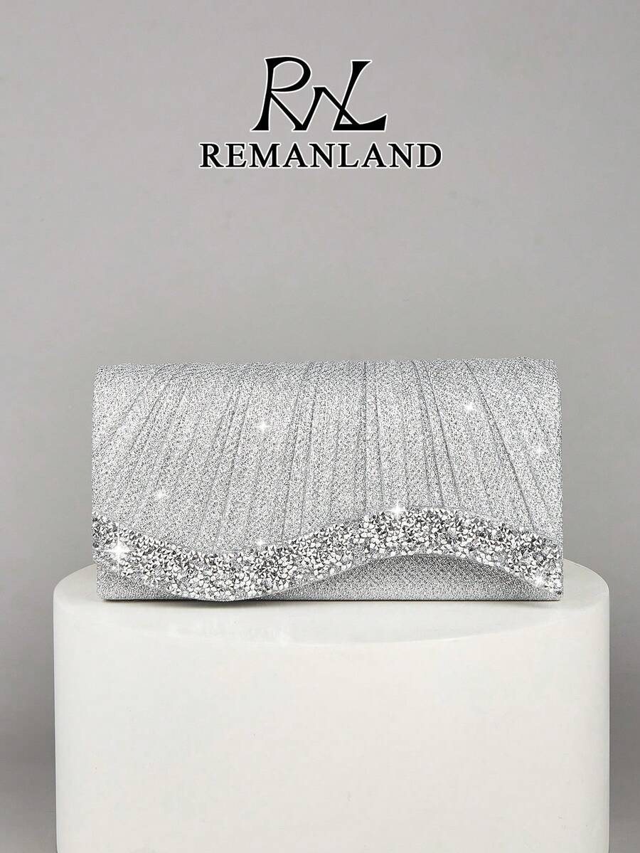 REMANLAND 1pc Women's Mini Glitter Shiny Chain Folding Wrinkle Square Bag, Ideal For Wedding, Party, Evening, Prom And Dinner Banquet, Elegant Matching With Prom Dresses, Sequin Dresses And Bridal Party Looks - Silver - View 1