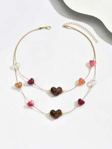 1 pieza Collar elegante y de moda con doble capa de cuentas con forma de corazón, estilo bohemio - Multicolor - Ver 3