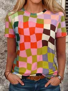 2026 Holiday Outfit Women's Random Color Plaid Digital Print T-Shirt, Loose Fit Plaid Hem Digital Print Casual Plaid Print Pattern Design Casual, Daily, Holiday Travel Wear, Round Neck Short Sleeve T-Shirt, Summer Top - Flower - View 5