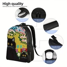 ZLIENSZUS Lightweight Backpack With  Lewis Art - Floral & Cat Design School Bag, Minimalist Everyday Backpack For College, Travel, Work - Durable Daypack For Women & Men, Easy-Clean Everyday Carry, Backpack For School, College Essentials, Playful Design, Comfortable Straps, Travel Accessory,  Accessory, Sturdy Construction, Versatile Carryall, Men And Women - 黑色 - 查看 6