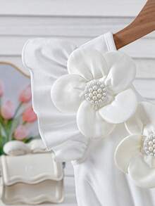 Young Girl's Solid Color Beaded 3D Floral Decor White Sleeveless Jumpsuit, Suitable For Daily Play, Weekend Outings, Party Occasions - White - View 9