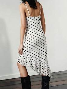 Vestido de punto asimétrico/asimétrico con volantes, lazo y lunares elegante y sexy, adecuado para la playa, la noche, una cita, vacaciones y uso casual en verano, color blanco - Blanco - Ver 6