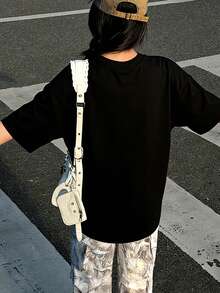 Spring And Autumn Round Neck Short Sleeves For Girls - KATSEYE Members - Printed Pattern Design Round Neck T-Shirt, Pattern T-Shirt Pullover, Girls' Top, 180g Polyester Soft Fabric, Suitable For Giving Gifts To Children For Back To School, Parties, Outdoors, Travel Wear - 黑色 - 查看 4