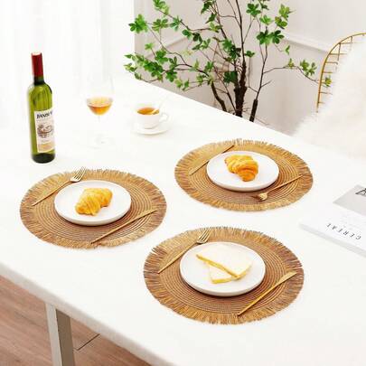 1/4/6/12pcs Bohemian Style Paper Round Placemats With Natural Tassels, Non-Slip Mats For Home Kitchen Dining Table Decor, Suitable For Holidays, Parties, Birthdays, Weddings, Banquets (Note: The Material Is Paper And Cannot Be Washed)
