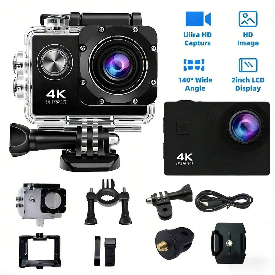 1 台 4K 超高清运动相机 - 小巧便携，带 EIS 电子防抖，1800 万像素广角，防水，适用于潜水、摩托车/自行车行车记录仪、可充电 Vlog 相机、户外运动（不含 Micro SD 卡）（包含 31 个国家/地区的电子用户指南）