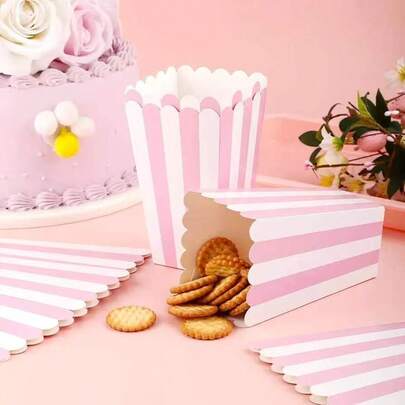 12/6/1pc Set Pink Striped Popcorn Boxes, Back To School Party Supplies, Birthday Party Candy Boxes, Suitable For Popcorn, Fries, Fried Chicken And Other Snacks, Food Gift Bags, Wedding Baking Supplies, Movie Theater Snack Containers