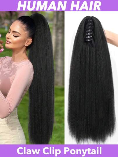 Kinky Straight Claw Clip Ponytail Human Hair Curly Ponytail Extensions Black Claw Clip Ponytail Extensions For Women,2-In-1 Design,Claw Clip Pony,Drawstring Pony Natural Black 8-20 22 24 26 28 Inch Yaki Straight Clip In Human Hair Extension Ponytails For Women