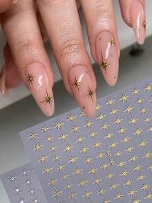 4片装3D星空美甲贴纸，金色、银色、黑色和白色星形美甲贴花，3D自粘Y2K哥特风美甲设计DIY美甲装饰配件 - 彩色 - 查看 6