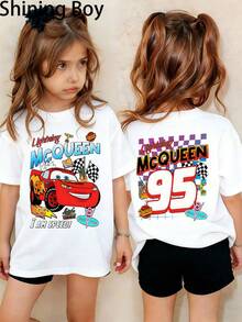 Disney Lightning McQueen Cars Theme Cartoon Print, Casual And Simple Short Sleeved T-Shirt, Suitable For Wearing In Spring And Summer Seasons, Suitable For Both Boys And Girls. Festival Gift - 白色 - 查看 1