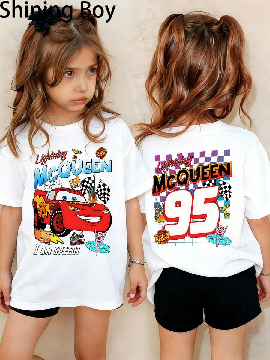 Disney Lightning McQueen Cars Theme Cartoon Print, Casual And Simple Short Sleeved T-Shirt, Suitable For Wearing In Spring And Summer Seasons, Suitable For Both Boys And Girls. Festival Gift - 白色 - 查看 1