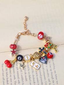 1条“爱自己”字母吊坠手链，1条深色十字架樱桃手链，1条星星女孩樱桃手链，1条宗教十字架手链，1条心形樱桃手链 - 金色 - 查看 4