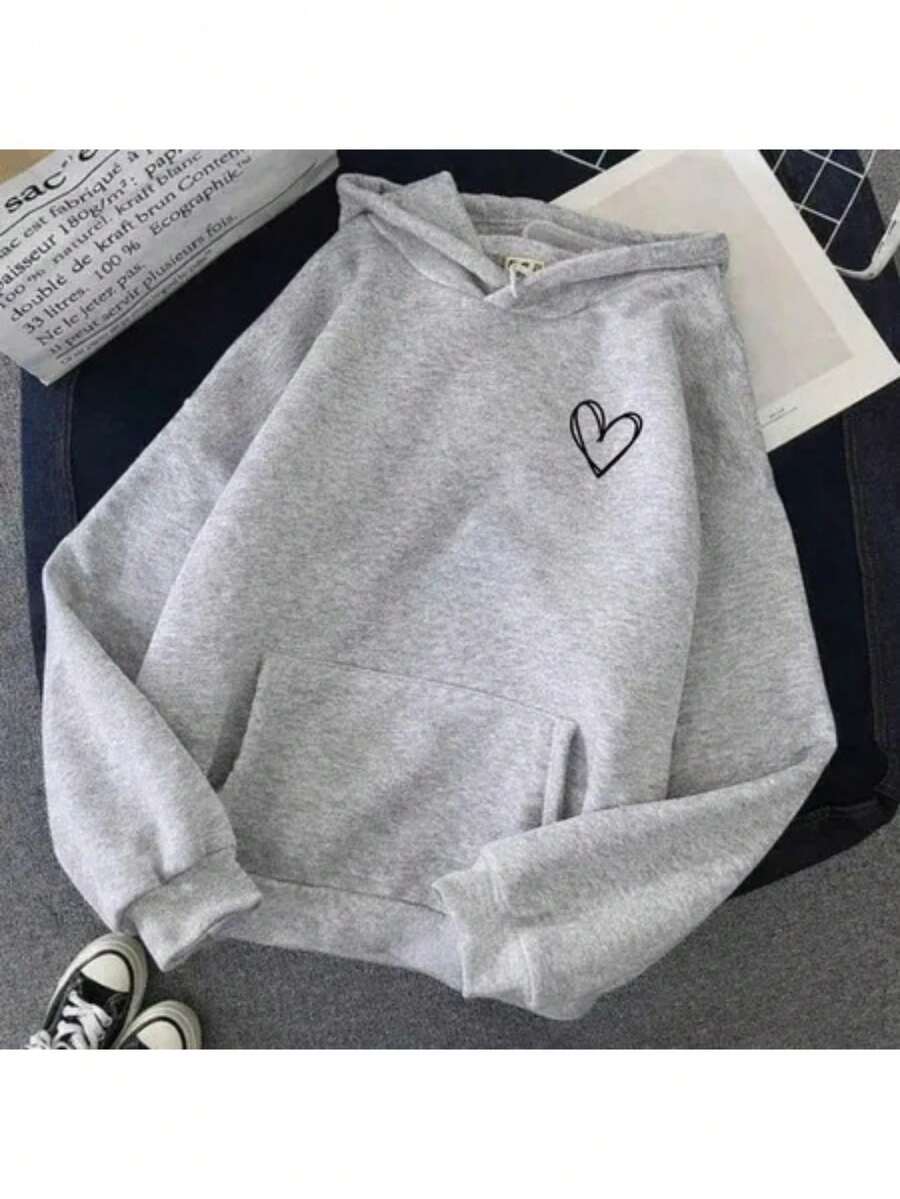 Plain Kangaroo Hoodie With Pocket, Unisex, Heart Design, Cold Weather Sweatshirt - 灰色 - 查看 1