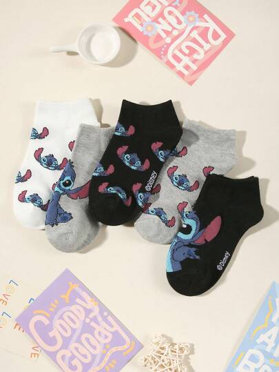 Disney 5双/1包 儿童黑白灰短袜，可爱卡通眨眼/耸肩图案装饰，休闲透气吸汗运动袜，适合上学、户外活动、聚会、节日礼物