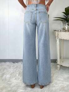 Elegant & Casual Women's Wide Leg Jeans, Denim Effect, Solid Color Washed, Full Length, Medium Stretch Spring - Baby Blue - View 3