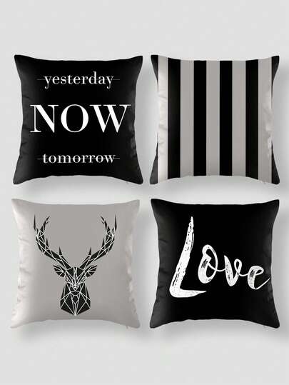 4pcs Love Now Black Deer Pattern Pillow Covers - Soft Polyester, Suitable For Sofa, Bed, Car And Home Decor - Pillow Insert Not Included