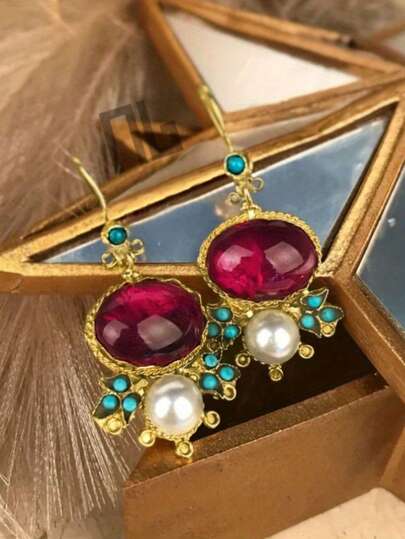 1 Pair Retro Elegant And Exquisite Palace Style Synthetic Zirconia Flower, Classical Style Colorful Women's Earring Pendant, Charming And Exquisite Banquet Party Birthday Gift