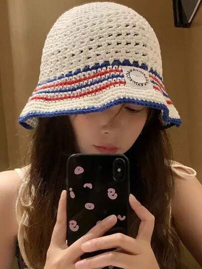1pc New Striped Boater Hat, Women's Summer Versatile Mesh Breathable Sun Protection And Ventilation Cap, Suitable For Outdoor Gatherings