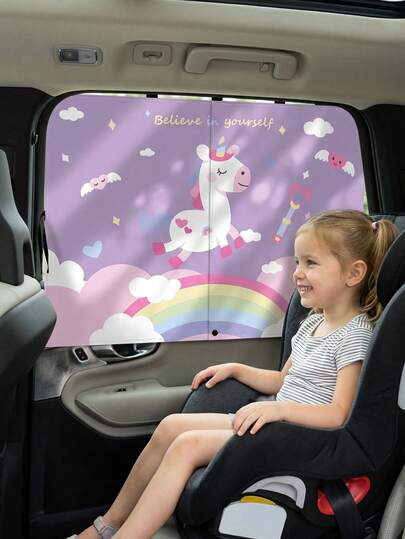 Car Side Window Sunshade, Sun Visor Curtain, Double-Layer Car Side Window Sunshade, Magnetic Retractable Curtain, Dinosaur And Rainbow Unicorn Cartoon Pattern, Heat Insulation/UV Protection