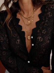 JoWins Spring/Summer New Arrival Vintage French Style Loose Flattering Elegant Lantern Sleeve V-Neck Crochet Hollow Lace Blouse, Suitable For Daily And Work Wear - Black - View 2