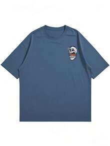 Men's Skull Graphic Print Crew Neck Casual Short Sleeve T-Shirt, For Halloween 100% Cotton - 霧霾藍 - 查看 4