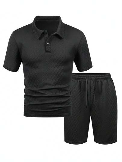 2 piezas Conjunto de camiseta polo de cuello y pantalones cortos de verano para hombres, ropa deportiva casual para viajes, actividades al aire libre, ciclismo, correr en color negro