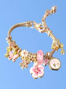 1条樱花海星吊坠手链，蝴蝶爱心手链，夏季海星珍珠度假手链，可爱花朵手链 - 金色 - 查看 11