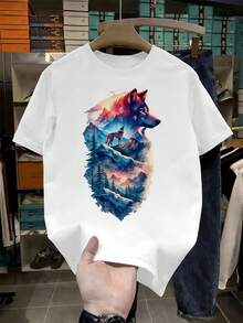 Maglietta con stampa grafica Wolf Mountain, casual, traspirante, con stampa grafica unica - Blanco - Ver 2