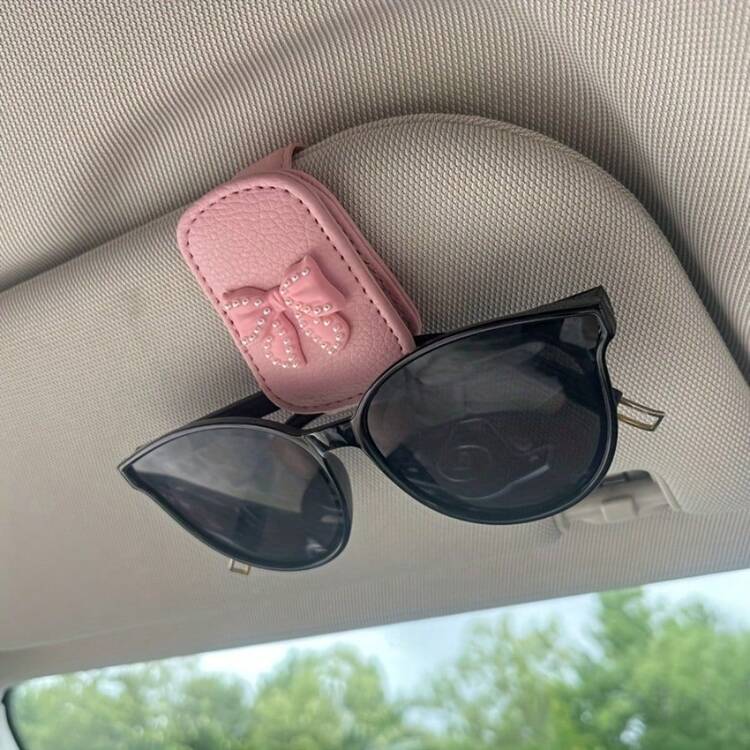 Car Sun Visor, Glasses Clip, Bow Tie, Cute Pink Interior, Fashionable Glasses Storage Rack, Car Pendant. Car Sun Visor Organizer, Vehicle Storage Solution, Fashionable Car Accessories, Decorative Clip, Durable Clip, Safety Bracket, Car Organizer, Glasses Holder, Car Owner, Fashionable Driver, Attention Consumers. - Pearl Bow - View 2