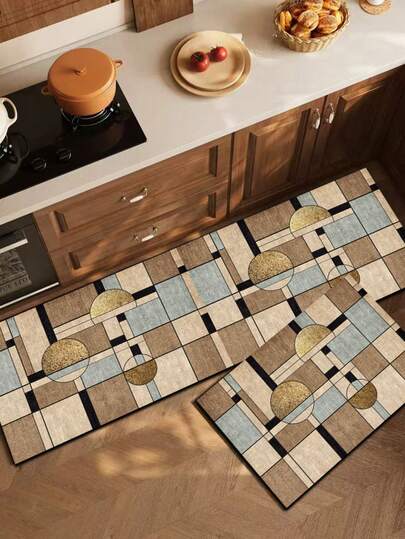 1pc Modern Geometric Patchwork Silicone Bathroom Mat, Featuring Uneven Wooden Tones, Light Blue And Black Lines Outlining A Harmonious Grid Pattern, Accented With Gold Circle Decorations, Blending Vintage Charm And Luxurious Aesthetics, Suitable For Kitchen, Bathroom, Entryway, Laundry Room, Bedroom, Living Room Decor