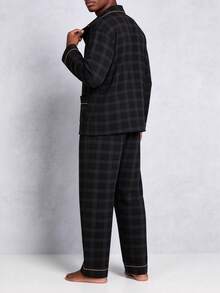 Snug League 男士格子睡衣套装，纯棉长袖上衣和长裤，透气吸汗，适合春秋季和秋冬季穿着。 - 黑色 - 查看 2