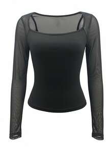 Mesh Sheer Splice Square Collar Fitted Long Sleeve U-Neck Cropped Elastic Knit Solid Black Top - Cool Girl Style Suitable For Bar Dates, Street Fashion, Spring/Autumn Casual Outings - Black - View 6