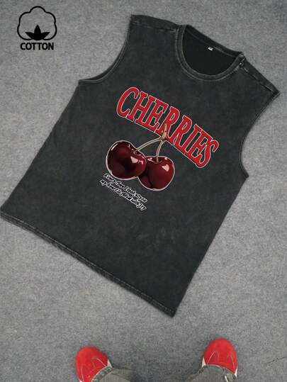 加大码男士休闲背心，创意“樱桃”英文图案印花，都市街头风休闲运动周末背心，适合春、夏、秋季穿着。