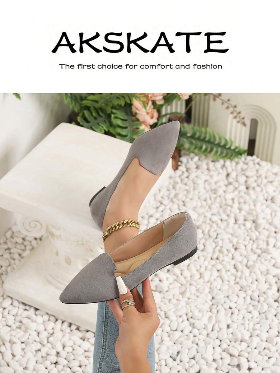 Women's Pointed Toe Flat Shoes, V-Cut Vamp Slip On Casual Dress Flats, Soft Padded Insole Anti-Slip Outsole, Multi Bright & Classic Solid Color Options, Comfortable Everyday Footwear For Office Work Daily Commute Shopping Weekend Outings - Xám - Xem 1