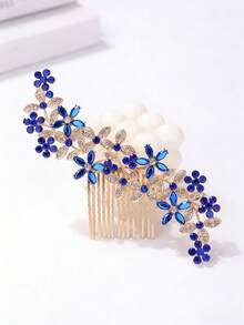 1pc Women's Luxury Rhinestone Flower Hair Comb, Suitable For Party, Wedding And Other Occasions - Royal Blue - View 2