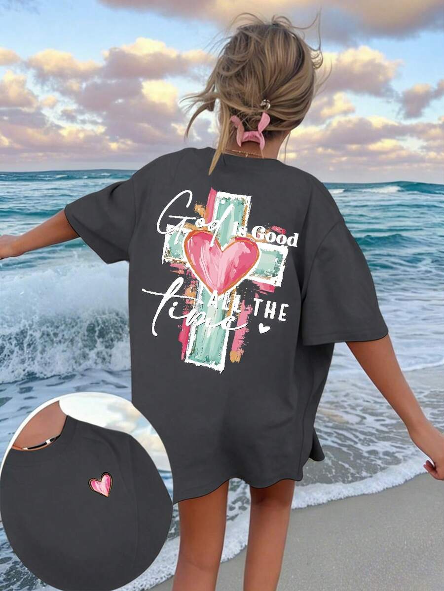 夏季轻薄毛笔触字母和手绘十字架印花T恤，“上帝永远良善”基督教宗教T恤，男女通用休闲短袖圆领信仰服饰