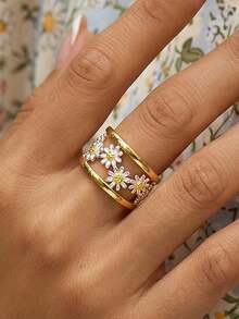 1枚花朵戒指，镂空宽面小雏菊开口戒指，银色铜质，适合日常佩戴，自然风格，适合春夏佩戴。 - 彩色 - 查看 3