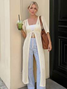 2026 Spring/Summer New Casual Hollow Out Drawstring Design Knit Short Sleeve Cardigan For Women - Apricot - View 2