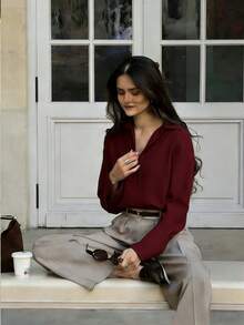 Women's Casual Loose Elegant Commuter Minimalist Soft Fashion Polo Collar Long Sleeve Shirt, Suitable For Multi-Occasion Wear Such As Commuting, Work, Home In All Seasons Spring - Burgundy - View 7