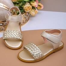 Sandalias doradas trenzadas para niños con cierre de gancho y bucle, cómodas sandalias de verano de punta abierta para niñas pequeñas - Dorado - Ver 16