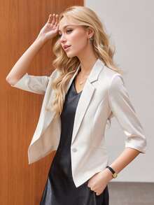 Áo khoác blazer satin màu sâm panh mới năm 2026 dành cho nữ, kiểu dáng ôm sát, tay lỡ 3/4, thanh lịch, thích hợp cho mùa xuân/hè. - Rượu sâm banh - Xem 2